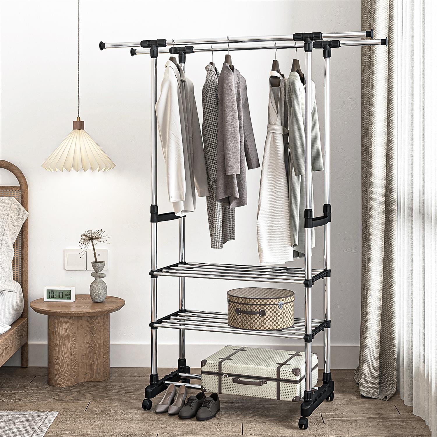 Resenkos Adjustable Garment Rack with 2 Tier Metal Shelf for Shoes Boxes, Rolling Clothes Organizer, High Capacity, Stainless Steel, Heavy Duty