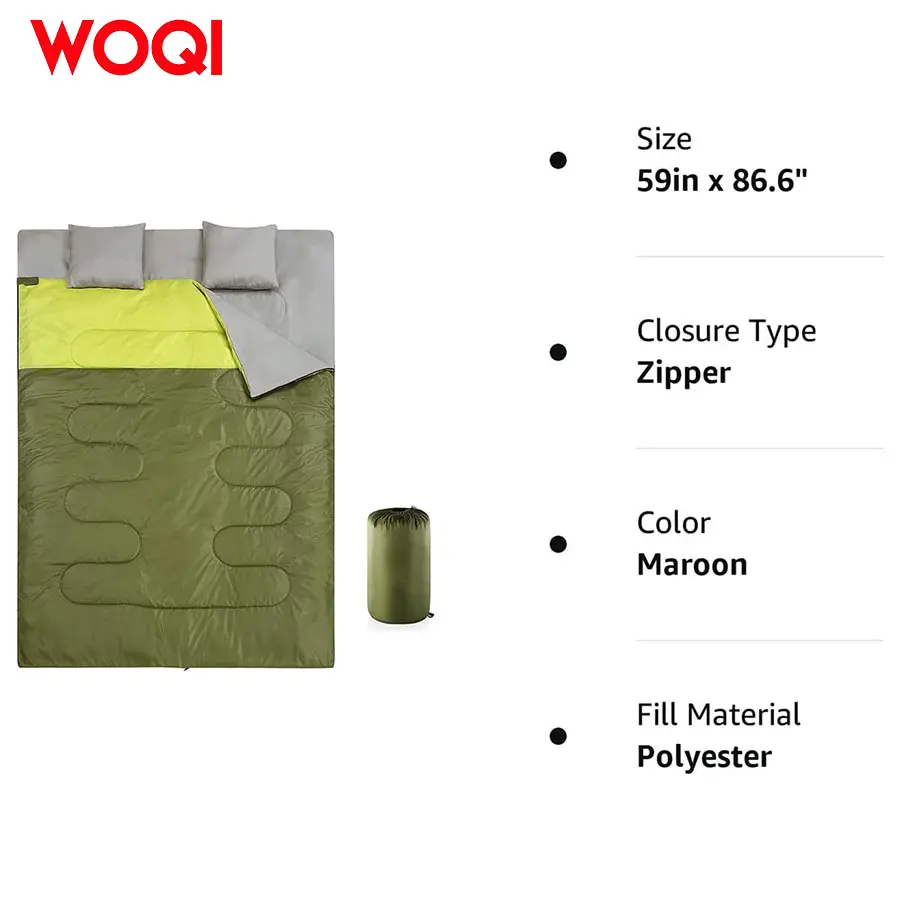 WOQI large waterproof adult double sleeping bag with 2 pillows  suitable for all season camping and hiking backpacks