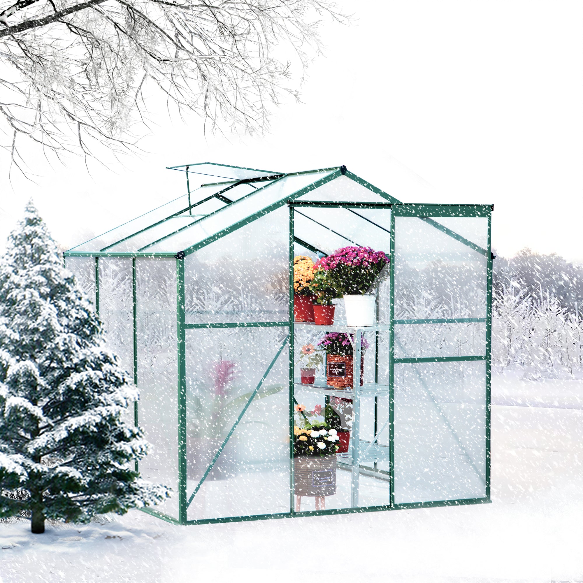 TheirNear 6 x 6 x 6.8 FT Walk-in Polycarbonate Greenhouse, Gardening Plant Tent with Roof Vent for Ventilation & Rain Gutter