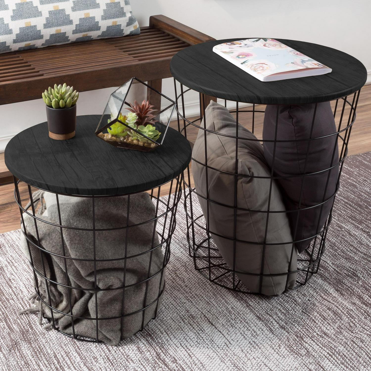 Nesting End Tables with Storage- Set of 2 Round Metal Baskets By Lavish Home (Black)