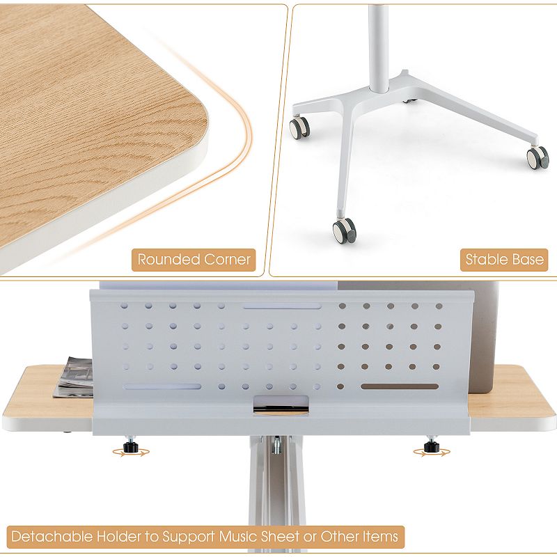 Height Adjustable Mobile Standing Desk with Detachable Holde-Natural