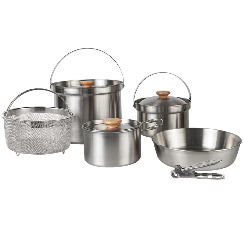 304 Stainless Steel Portable Outdoor Pot Set of  Kitchenware Camping Cooking Set Picnic  for 3 5 Person