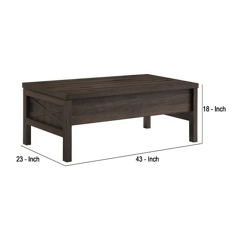 Coffee Table with Lift Top Storage and Cross Side Panel， Brown