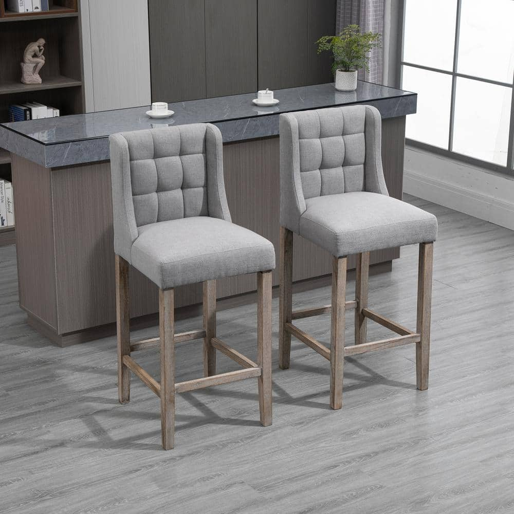 HOMCOM 41.75 in. Grey Low Back Metal Foot Rest Bar Height Bar Stool with Tufted Upholstered Pub Seat (Set of 2) 835-485V01GY