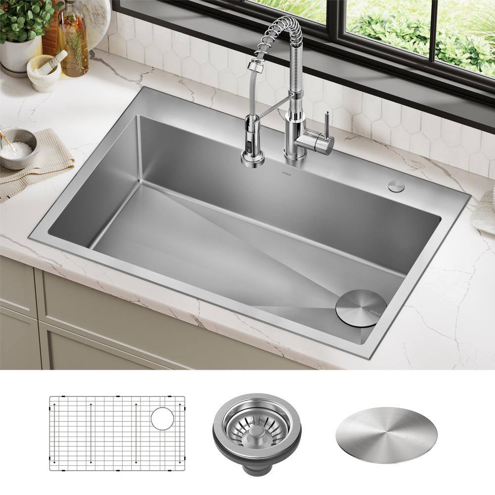 KRAUS Loften UndermountDrop-In Stainless Steel 33 in. 1-Hole Single Bowl Kitchen Sink KHT410-33