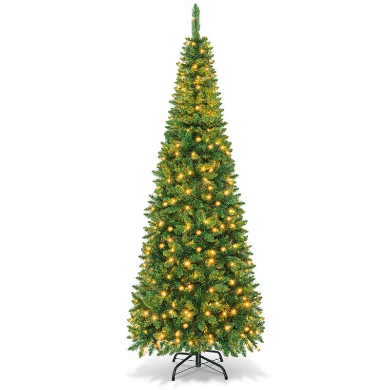 4.5/6.5/7.5FT Pre-Lit Artificial Slim Pencil Christmas Tree with Hinged Branch Tips, LED Lights & Solid Metal Stand