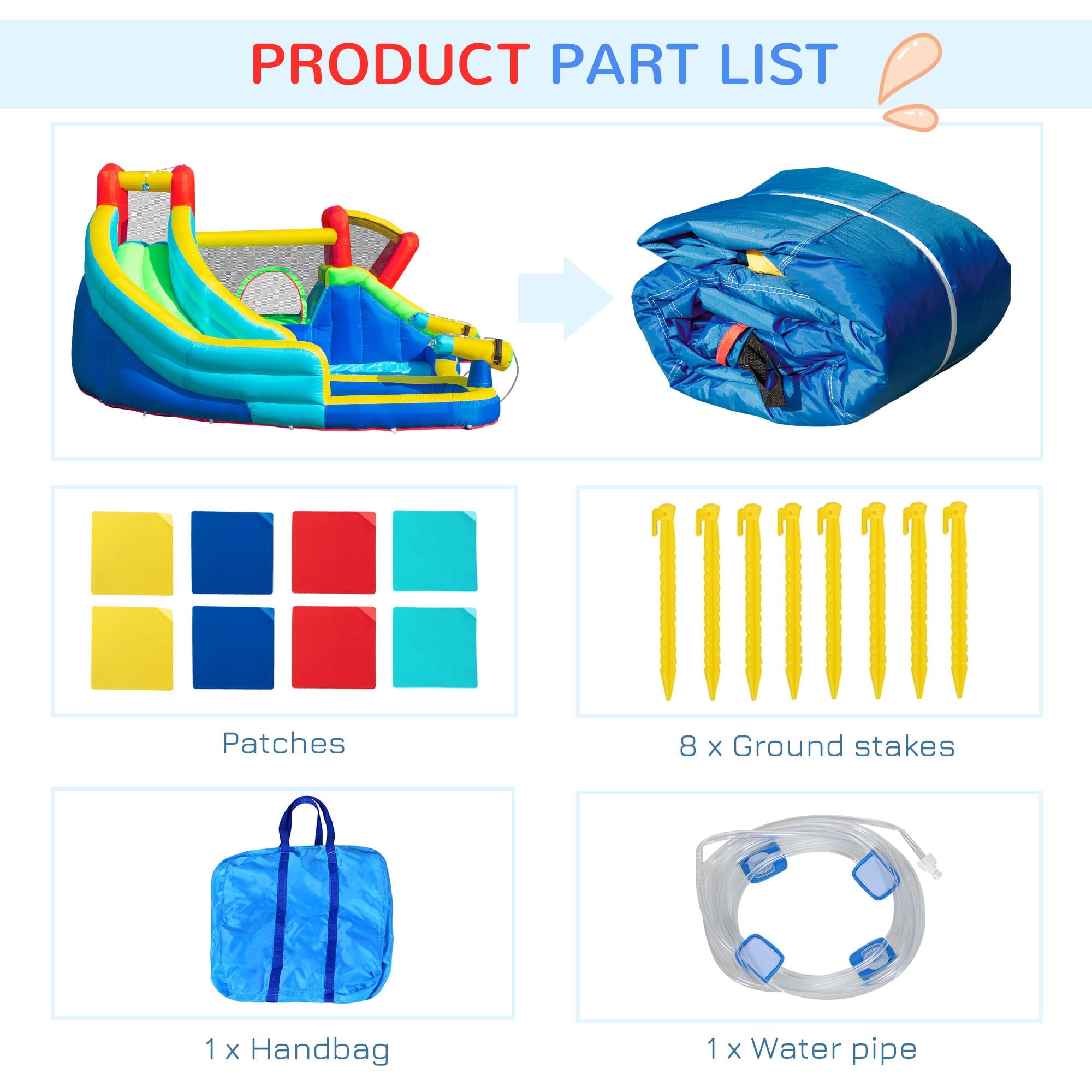 Outsunny 5-in-1 Water Slide Kids Inflatable Bounce House Water Park Jumping Castle Includes Trampoline Slide Water Pool Cannon Climbing Wall with Carry Bag, Repair Patches without Air Blower