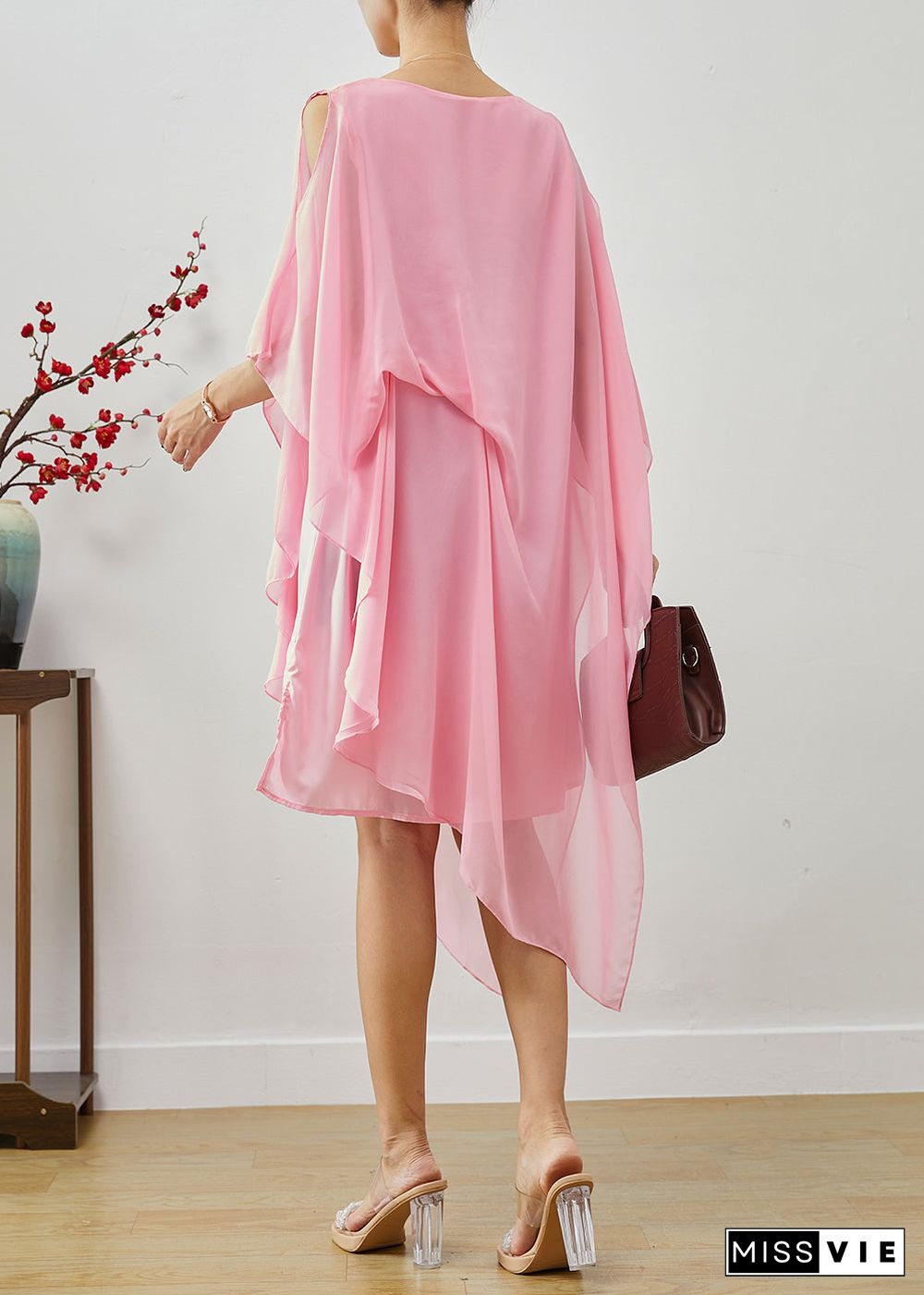 Boho Pink Asymmetrical Cold Shoulder Chiffon Beach Dresses Summer