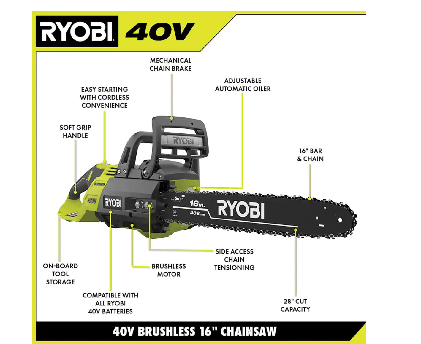 RYOBI RY40505BTL 40V Brushless 16 in. Cordless Battery Chainsaw (Tool Only)