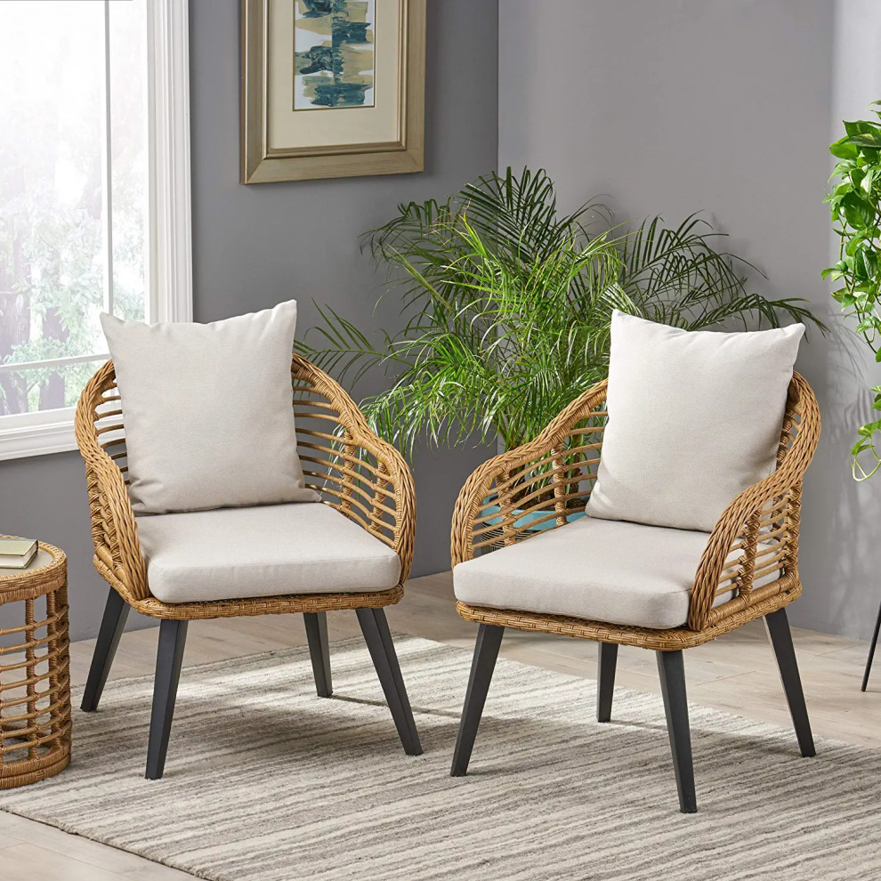 2 Pack Patio Chair  Aluminum Frame With Curved Light Brown Rattan Back  ampCushion   Midcentury   Outdoor Lounge Chairs   by Decor Love  Houzz