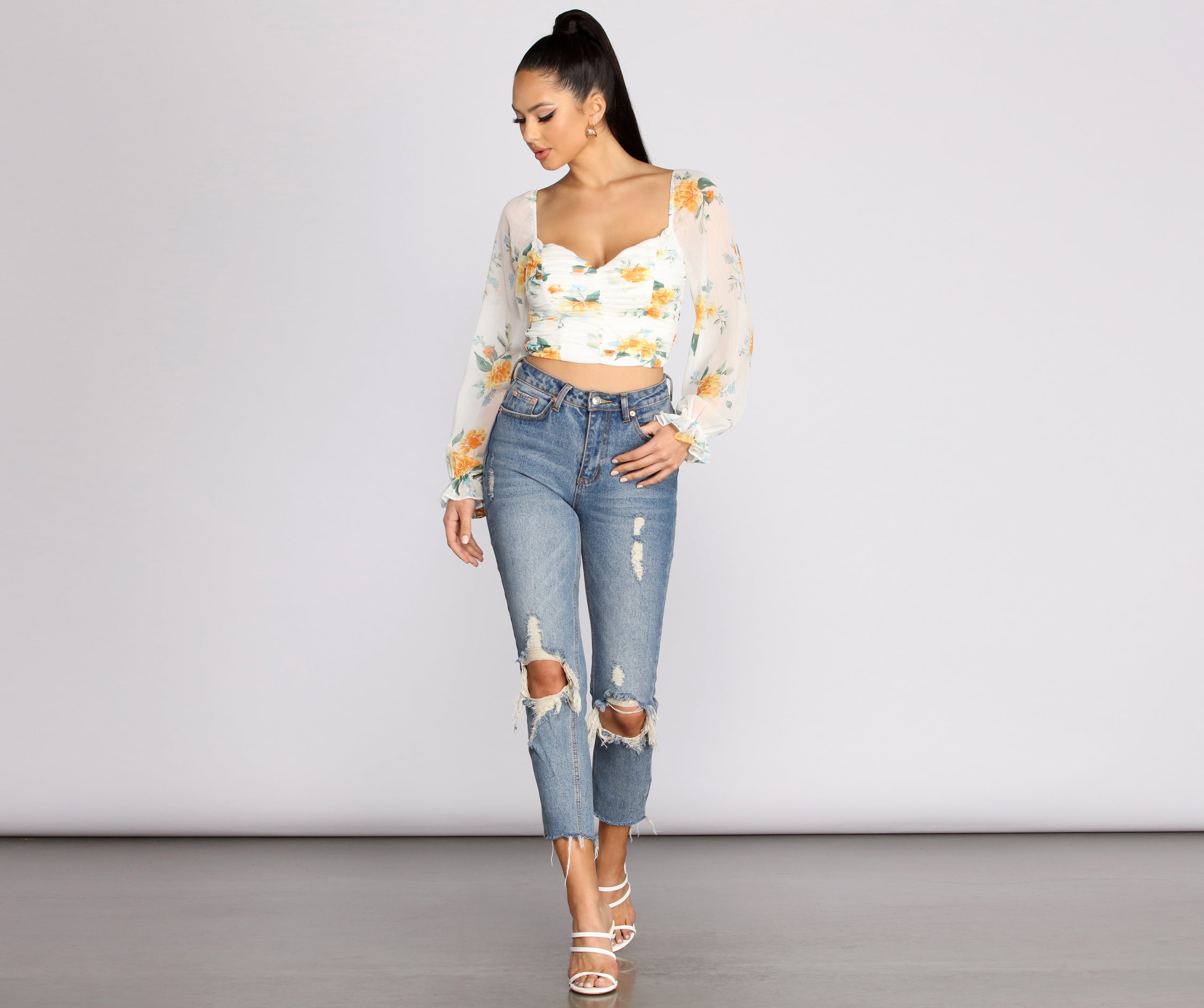 Floral Sweetheart Ruched Crop Top