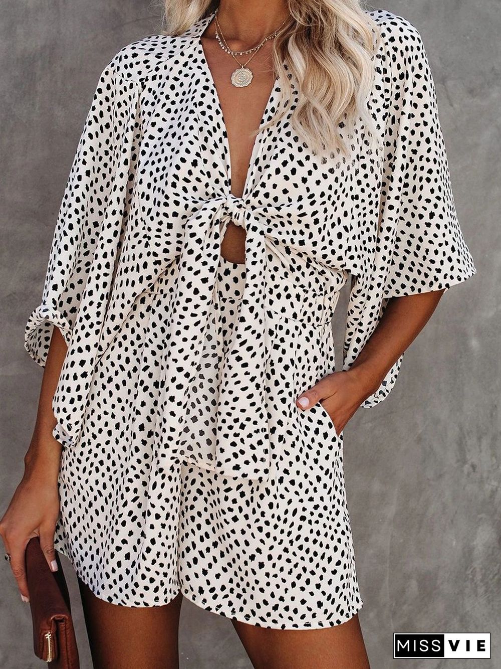 V-neck Leopard Print Batwing Sleeve Knotted Romper P16254