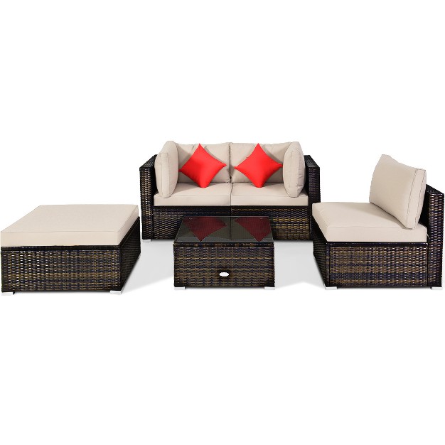 Tangkula 5 Pcs Patio Rattan Furniture Set Wicker Table Sofa Garden Outdoor W Cushion Black