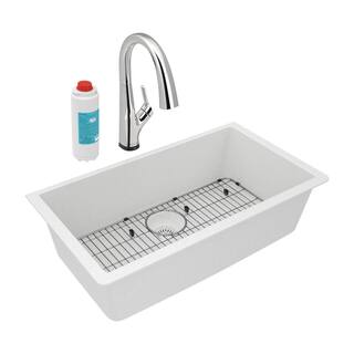 Elkay Classic White Quartz 33 in. Single-Bowl Undermount Kitchen Sink with Filtered Faucet and Accessories ELGRU13322WHFLC