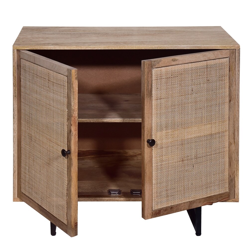 35 Inch Handcrafted Accent Cabinet with 2 Mesh Rattan Doors  Black Iron Legs Natural Brown Mango Wood Frame