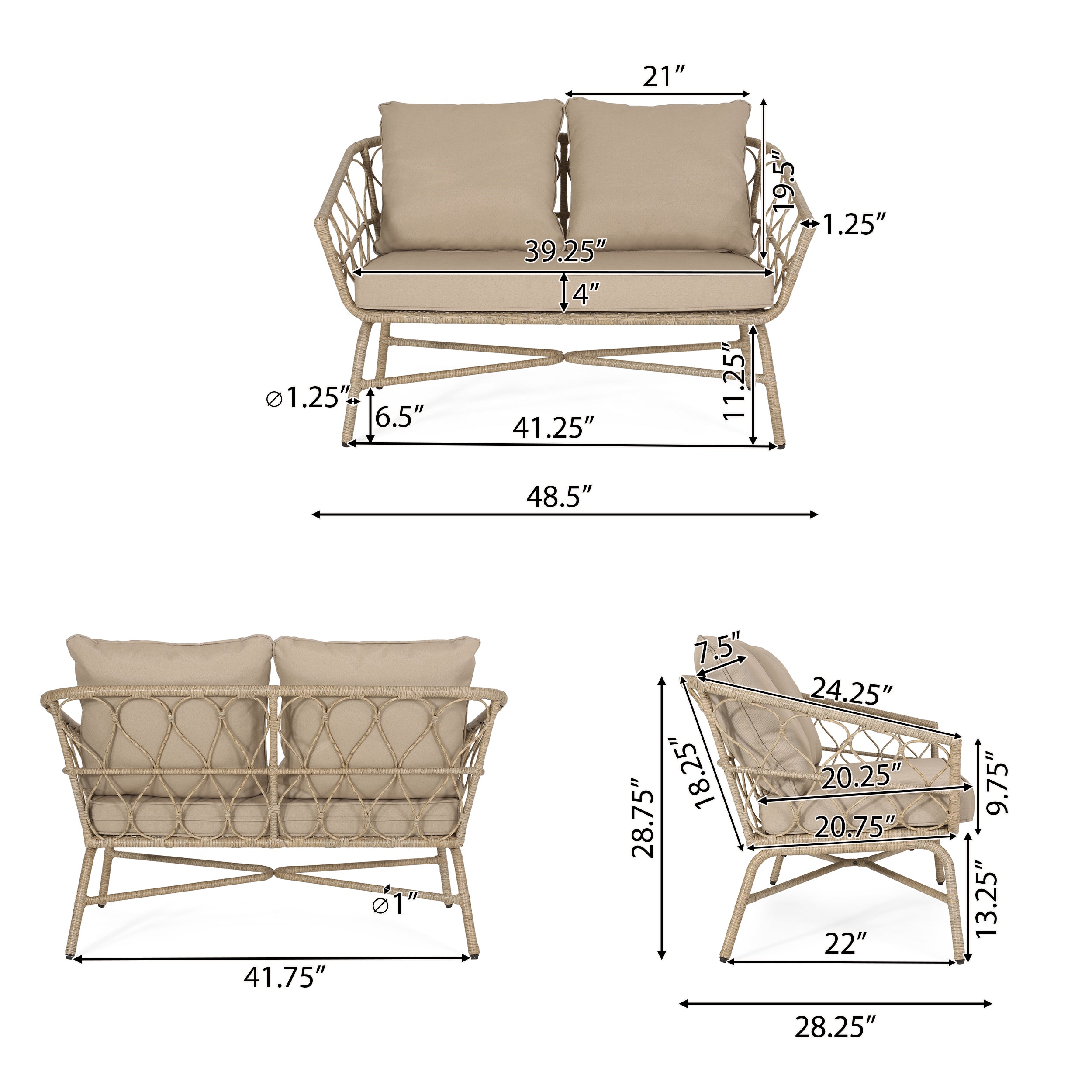 Colmar Outdoor Wicker Loveseat and Coffee Table Set, Light Brown and Beige