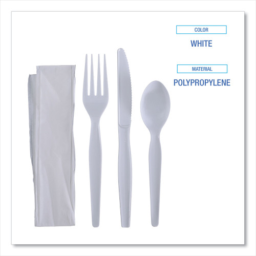 Boardwalk Four-Piece Cutlery Kit， Fork/Knife/Napkin/Teaspoon， Heavyweight， White， 250/Carton (FKTNHWPSWH)