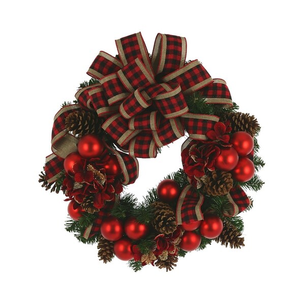 24 Christmas Holiday Evergreen Wreath with Large Plaid Bow and Pinecones