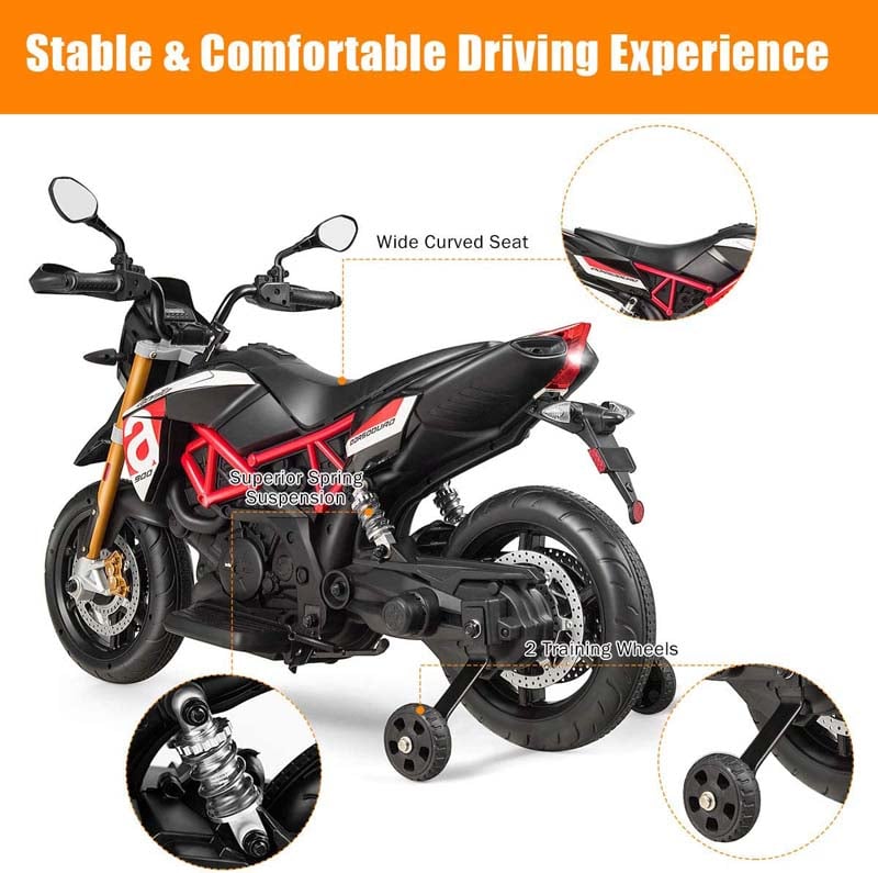 Licensed Aprilia Kids Ride on Motorcycle 12V Battery Powered Dirt Bike Riding Toy Motorbike with Training Wheels