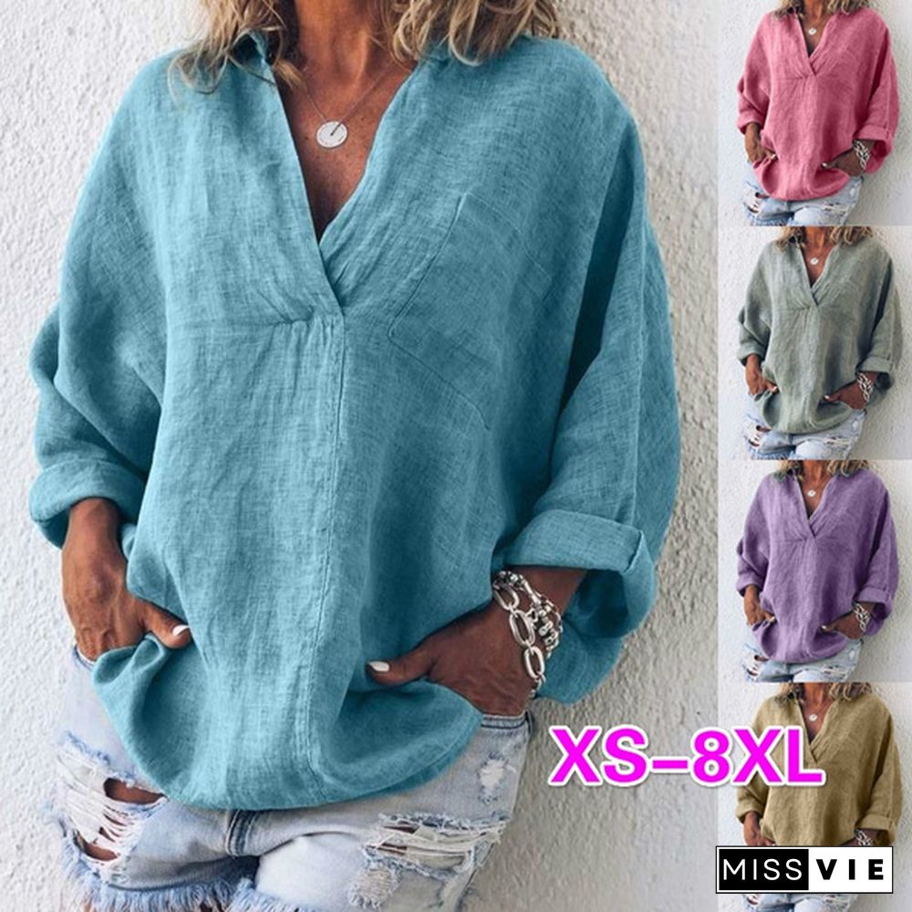 XS-8XL Spring Summer Clothes Plus Size Tops Fashion Women's Tunics Deep V-neck Shirts Ladies Long Sleeve Pullover Loose T-shirts Solid Color Linen Blouses