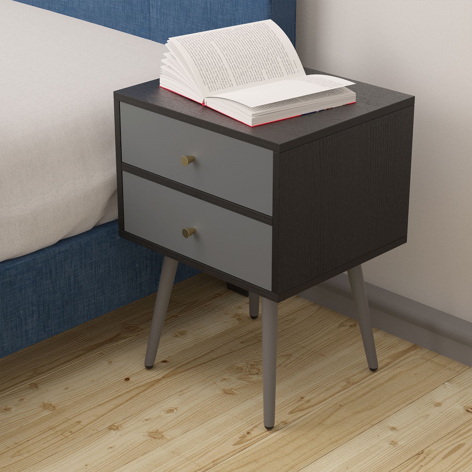 Williamspace Nightstand Set of 2, Mid Century Modern Square Wood Bedside Table with 2 Drawers Storage for Bedroom,Black