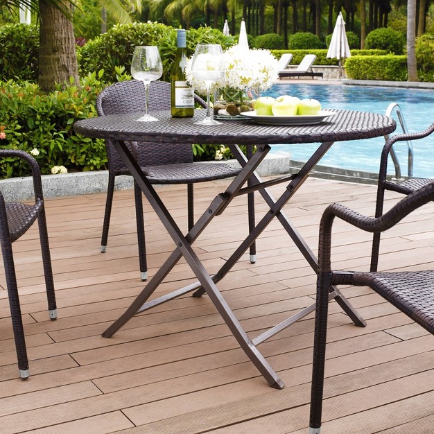 Palm Harbor Round Outdoor Wicker Folding Table Brown Crosley