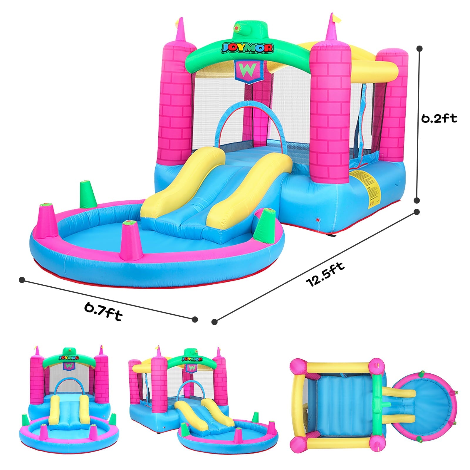 JOYMOR Bounce House Inflatable Jumping Castle Splash Pool, Water Slide Bouncer Indoor/Outdoor Playhouse Party Gift for Kids Age 3-8 w/ Air Blower ( Tank )