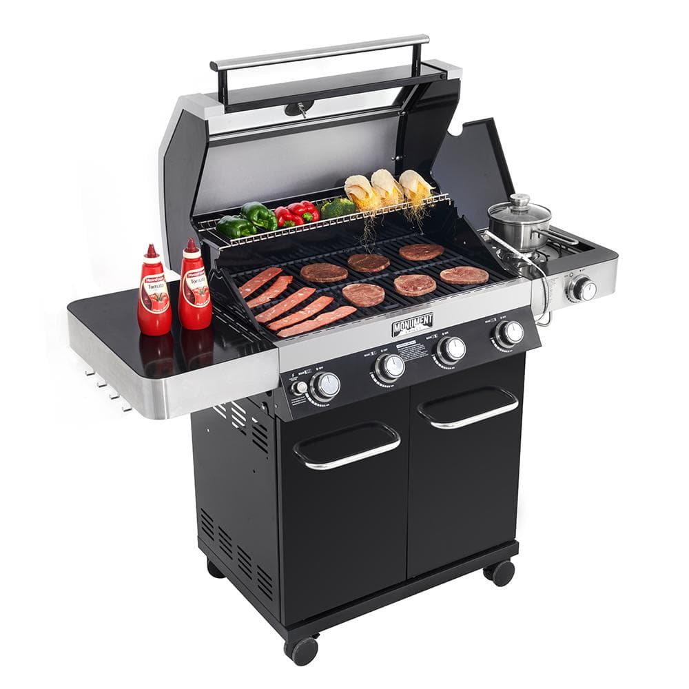 Monument Grills 4-Burner Propane Gas Grill in Black with ClearView Lid, LED Controls, Side Burner and USB Light 42538B