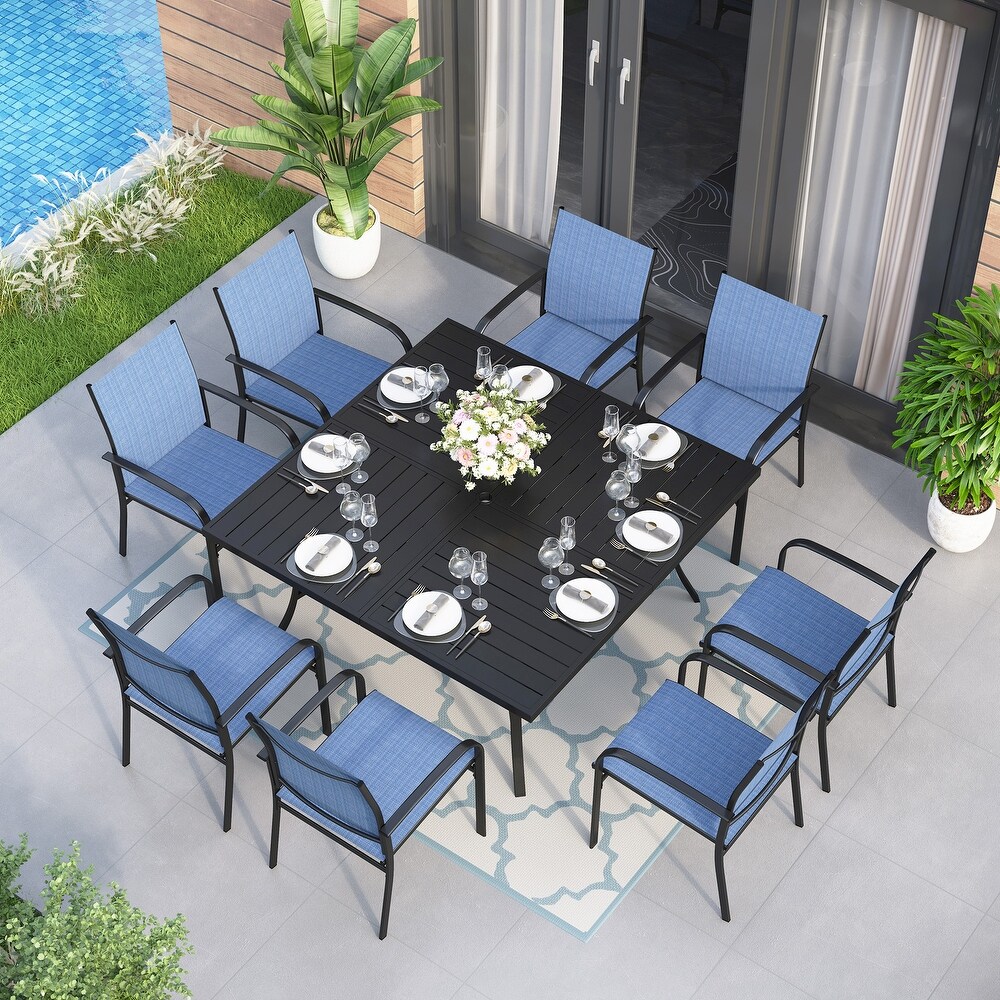 9 Piece Patio Dining Set  60 Inch Square Metal Table and 8 Textilene Dining Chairs