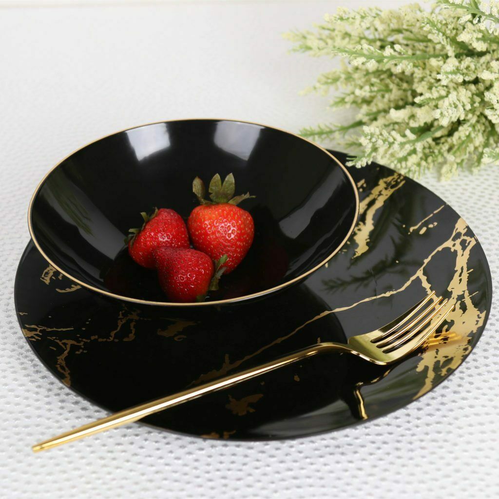 16Oz Black Plastic Floral Design Party Soup Bowls Gold Rim Premium 10 Count