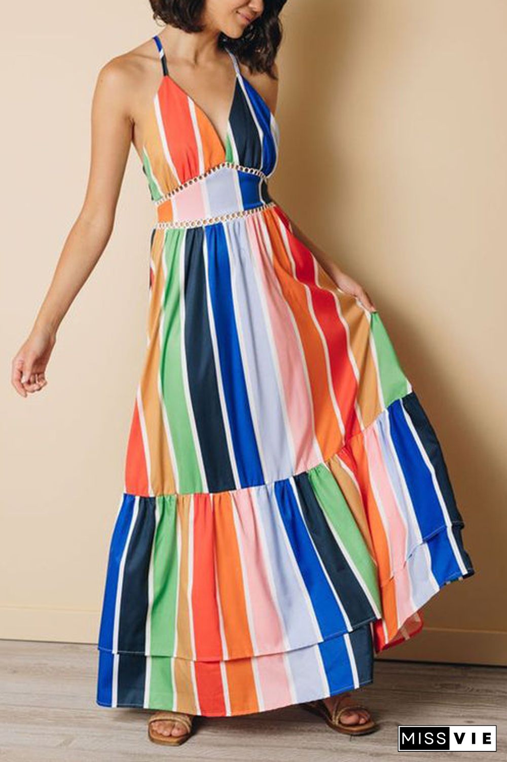 Rainbow Stripe Backless Slip Maxi Dress