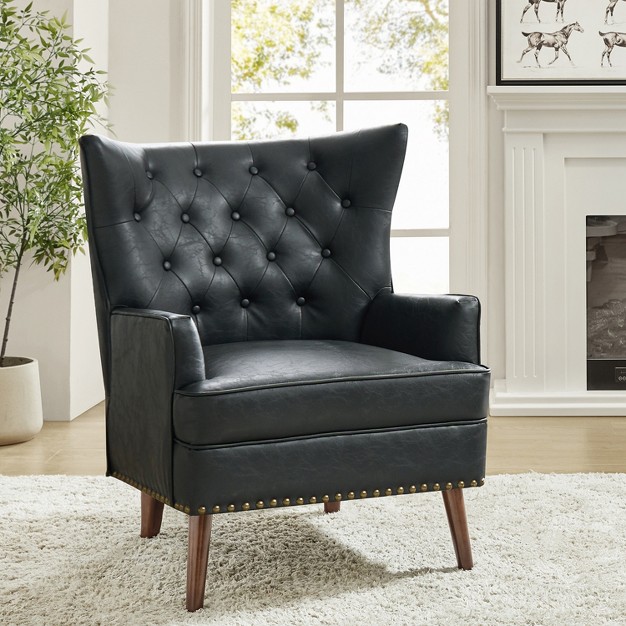 Thessaly Tufted Wooden Upholstery Vegan Leather Armchair With Nailhead Trim Artful Living Design