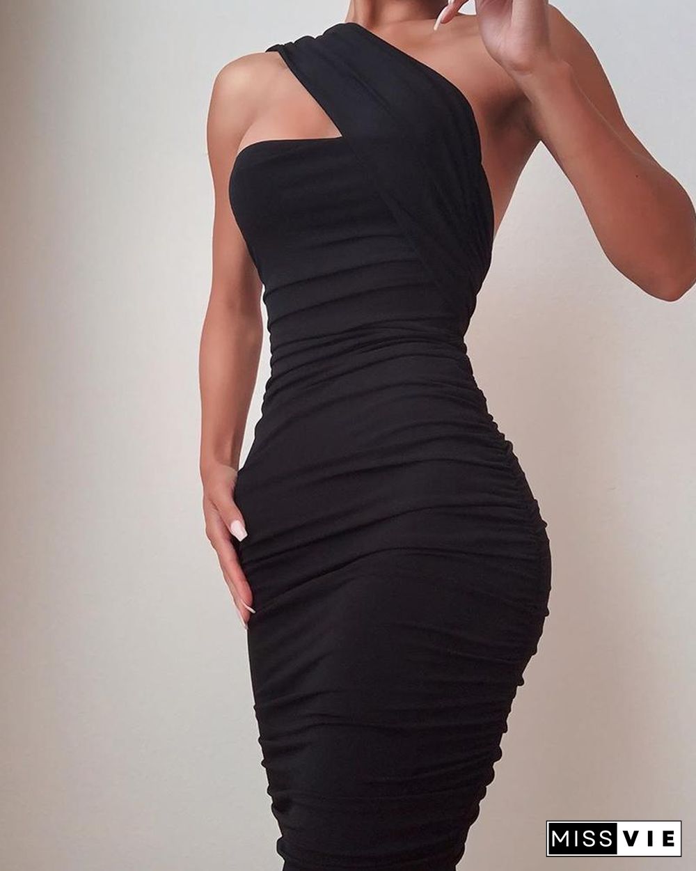 One Shoulder Sleeveless Ruched Bodycon Dress P13767