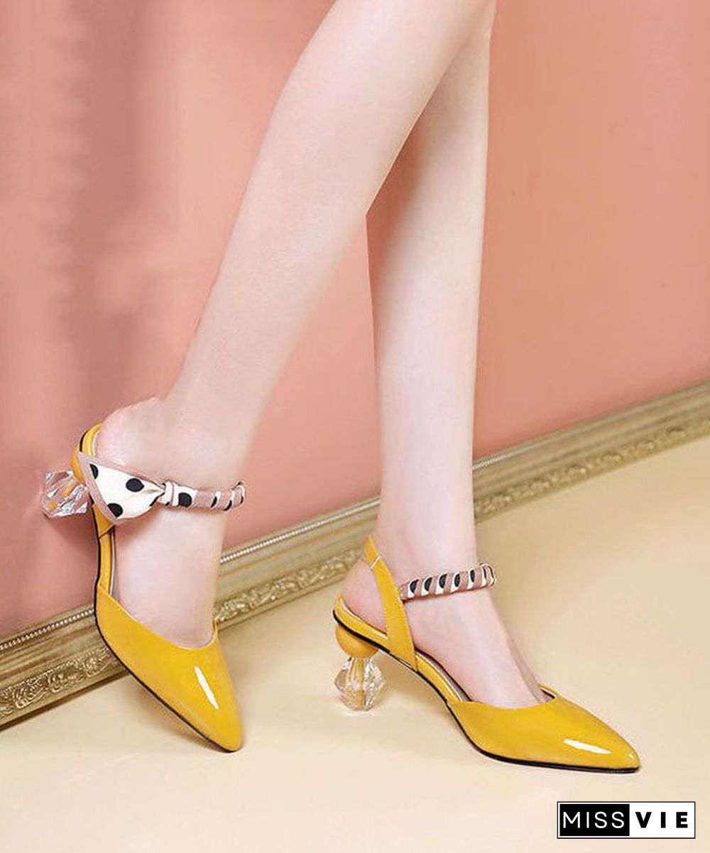 Women Pointed Toe Chunky Yellow Cowhide Leather High Heel Slippers