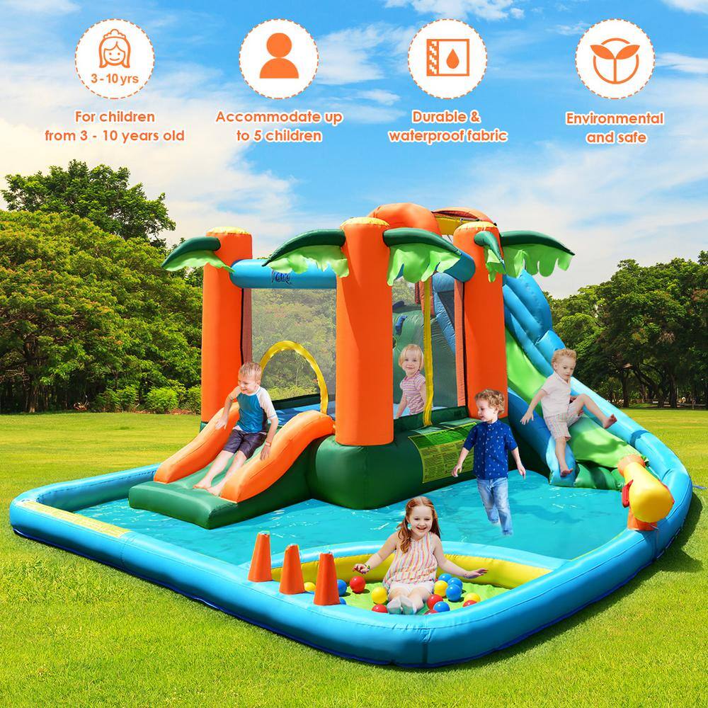 Costway Multi-Color Inflatable Bounce House Kids Water Splash Pool Dual Slide Jumping Castle with Bag OP70057