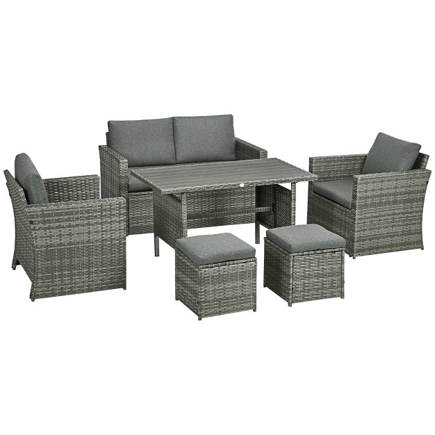 Outsunny 6 Pcs Patio Dining Set All Weather Rattan Wicker Furniture Set With Wood Grain Top Table And Soft Cushions