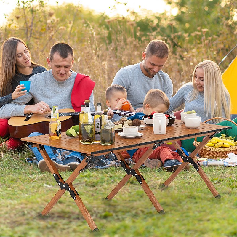 Folding Lightweight Aluminum Camping Table with Wood Grain