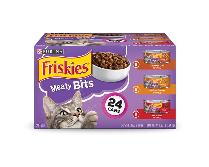 Purina Friskies Meaty Bits Adult Wet Cat Food Variety  Pack， (24) - 5.5 oz. Cans