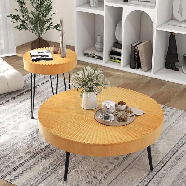 Round Coffee Table Set of 2， Modern Farmhouse End Tables with Natural Finish， Aesthetic Line Design， - as picture