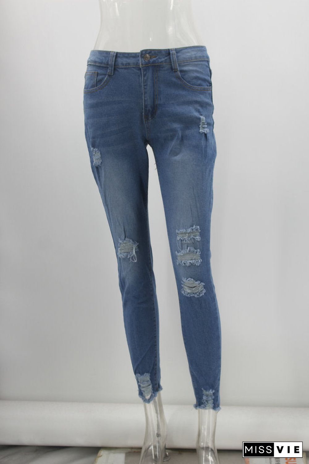 Casual Zip Up Ripped Skinny Destroyed Denim Jean Pants