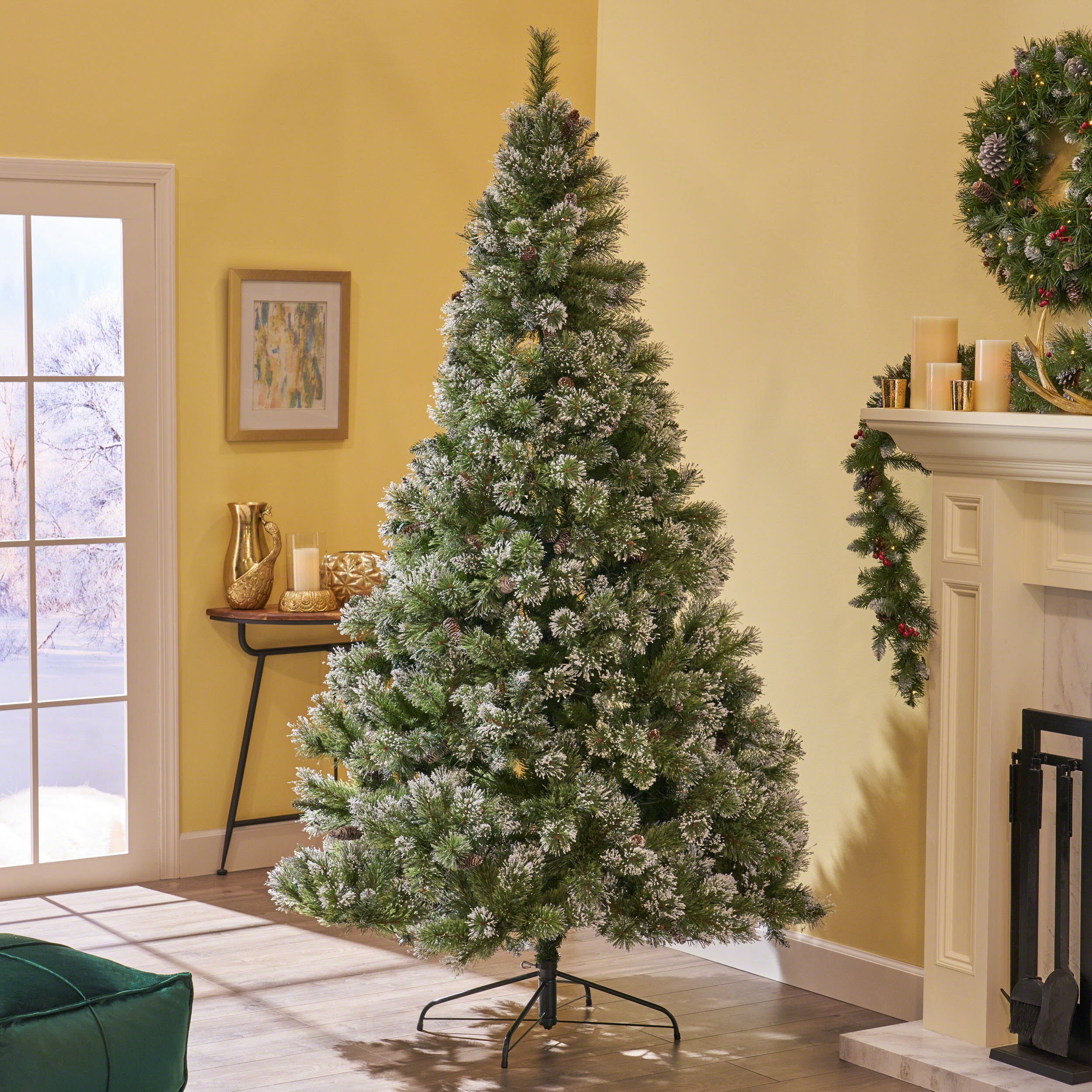 9-foot Mixed Spruce Hinged Artificial Christmas Tree with Snow and Glitter Branches and Frosted Pinecones