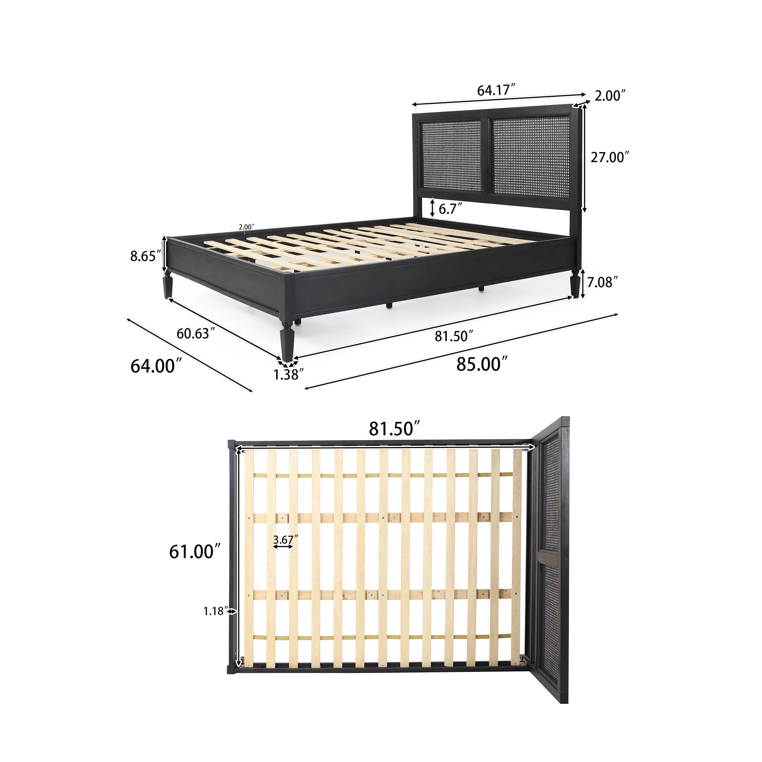 Mathena Rustic Acacia Wood and Rattan Queen Bed, Dark Gray