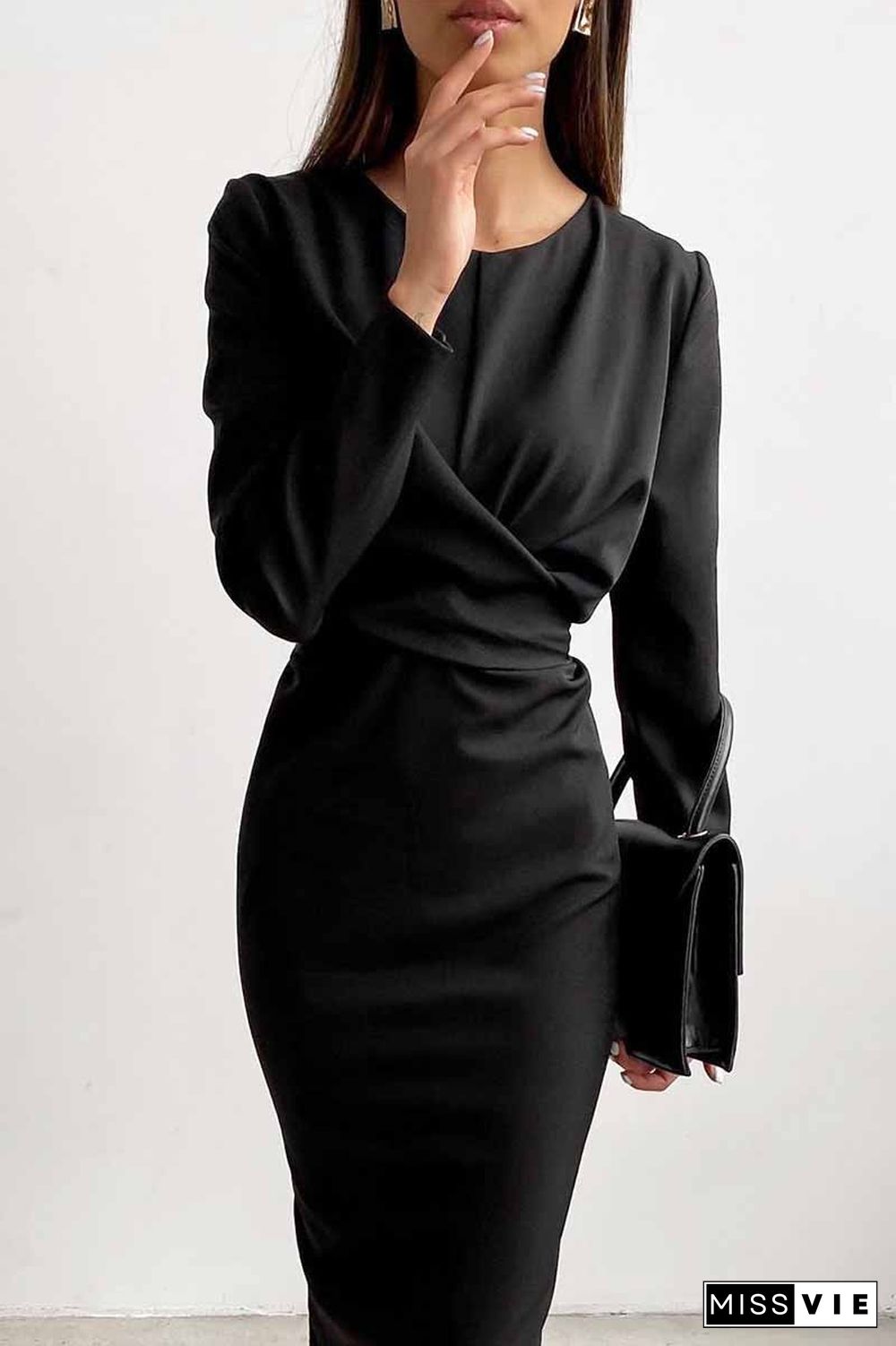 Fashion Long Sleeve Waist Midi Dress