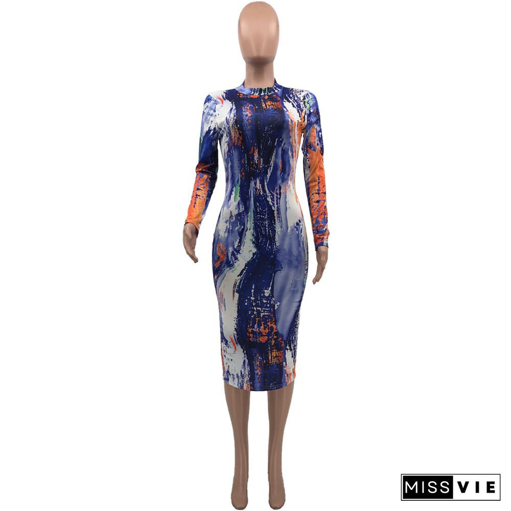 O-neck Tie Dye Printed Long Sleeve Casual Dress