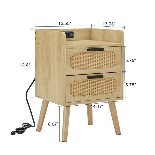 Rattan nightstand with socket side table natural handmade rattan（Natural 15.55''W*13.78''D*23.82''H） - - 37431293