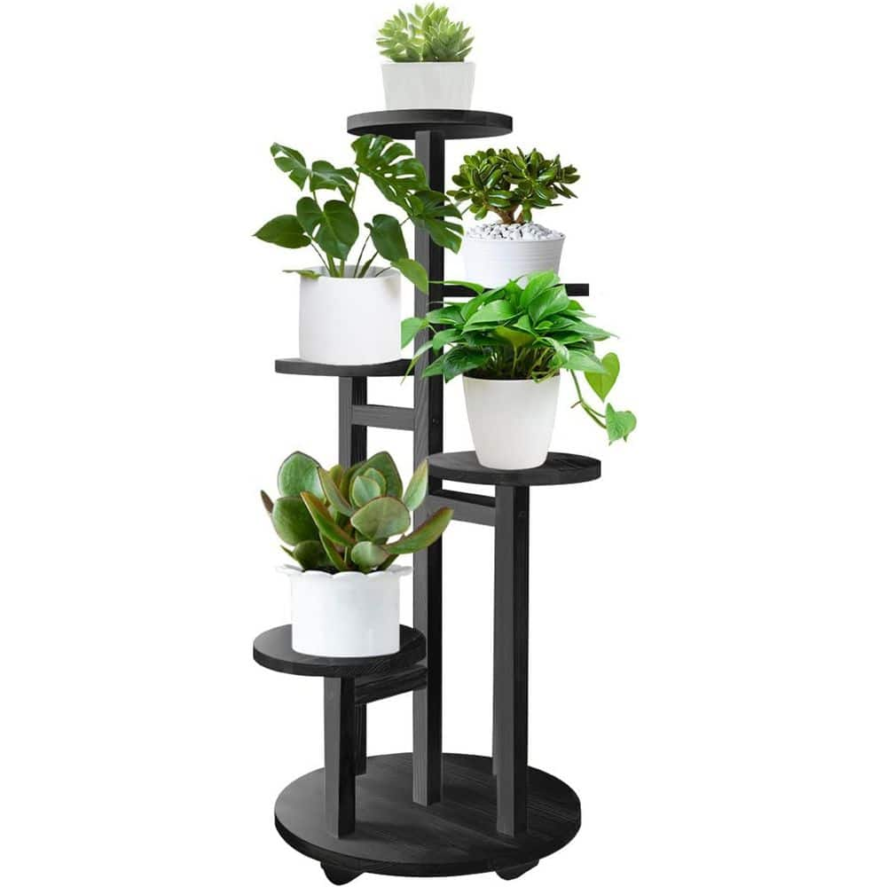 Dyiom 34 in. Indoor/Outdoor Black Wood Plant Stand for Outdoor (5-Tiered) B09VZWZ572