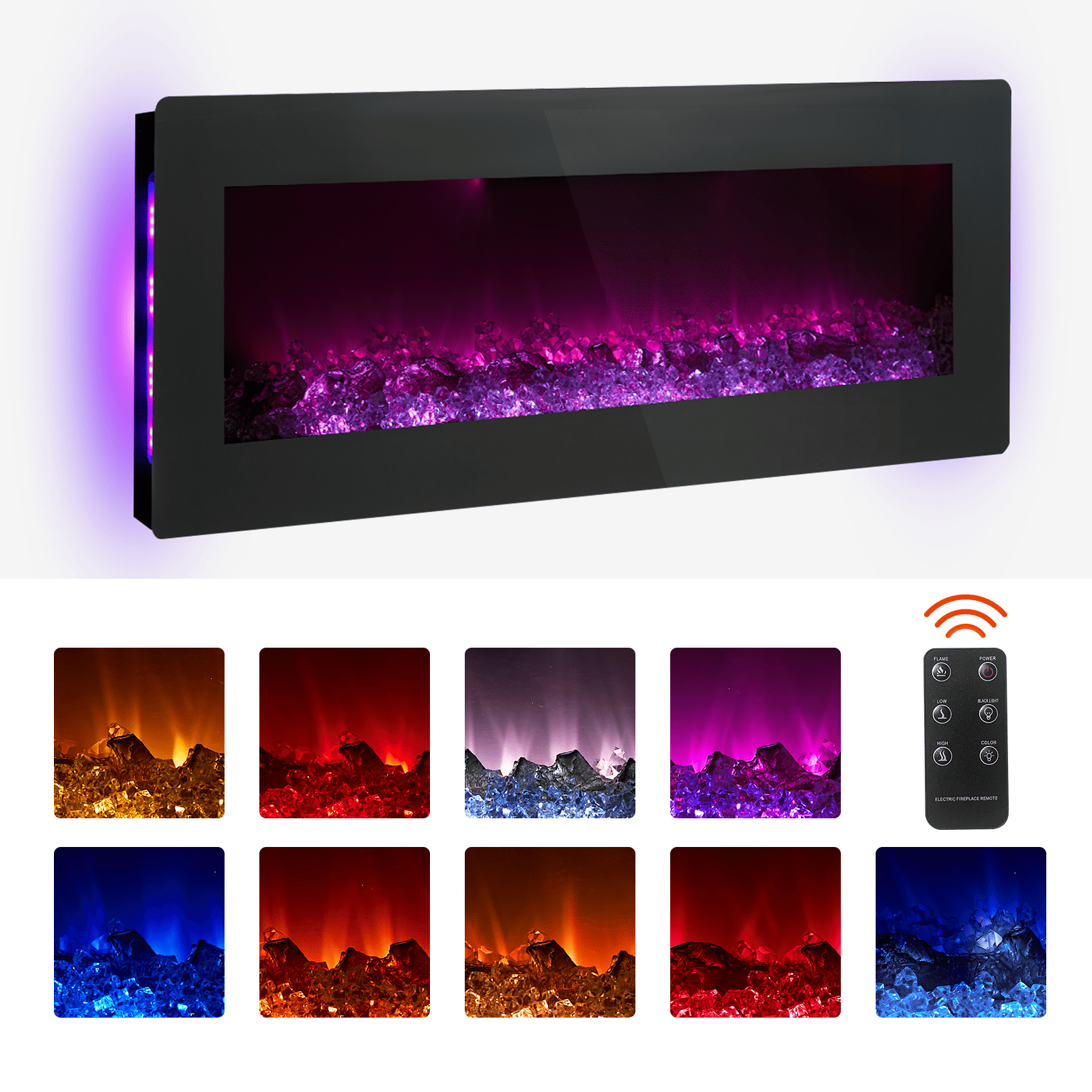 YODOLLA 50'' Wall Mounted Electric Fireplace with 10 Color Flames, Remote Control and Crystal