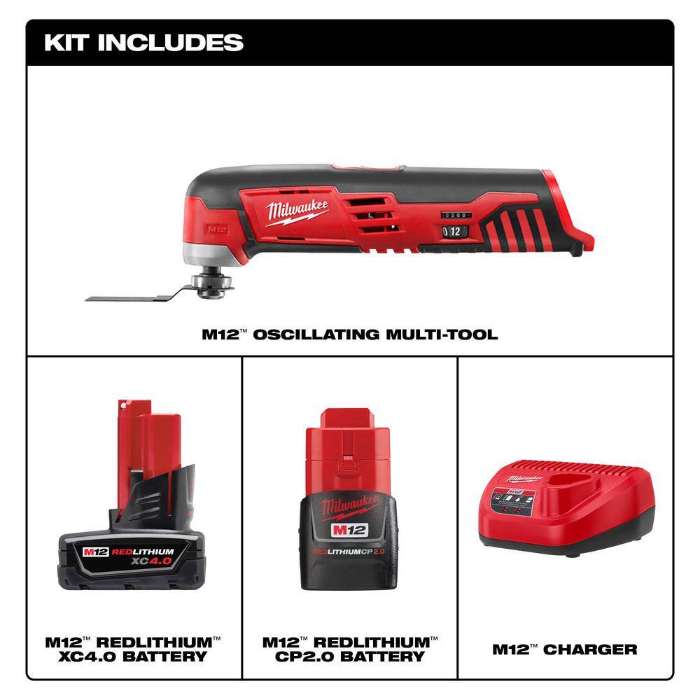 MW M12 12V Lithium-Ion Cordless Oscillating Multi-Tool with One M12 4.0 Ah and One M12 2.0 Ah Battery Pack and Charger 48-59-2424-2426-20