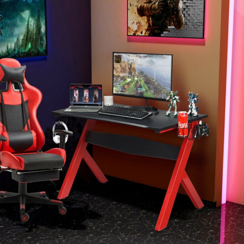 Ergonomic Computer Gaming Desk with Cup and Headphone Holder