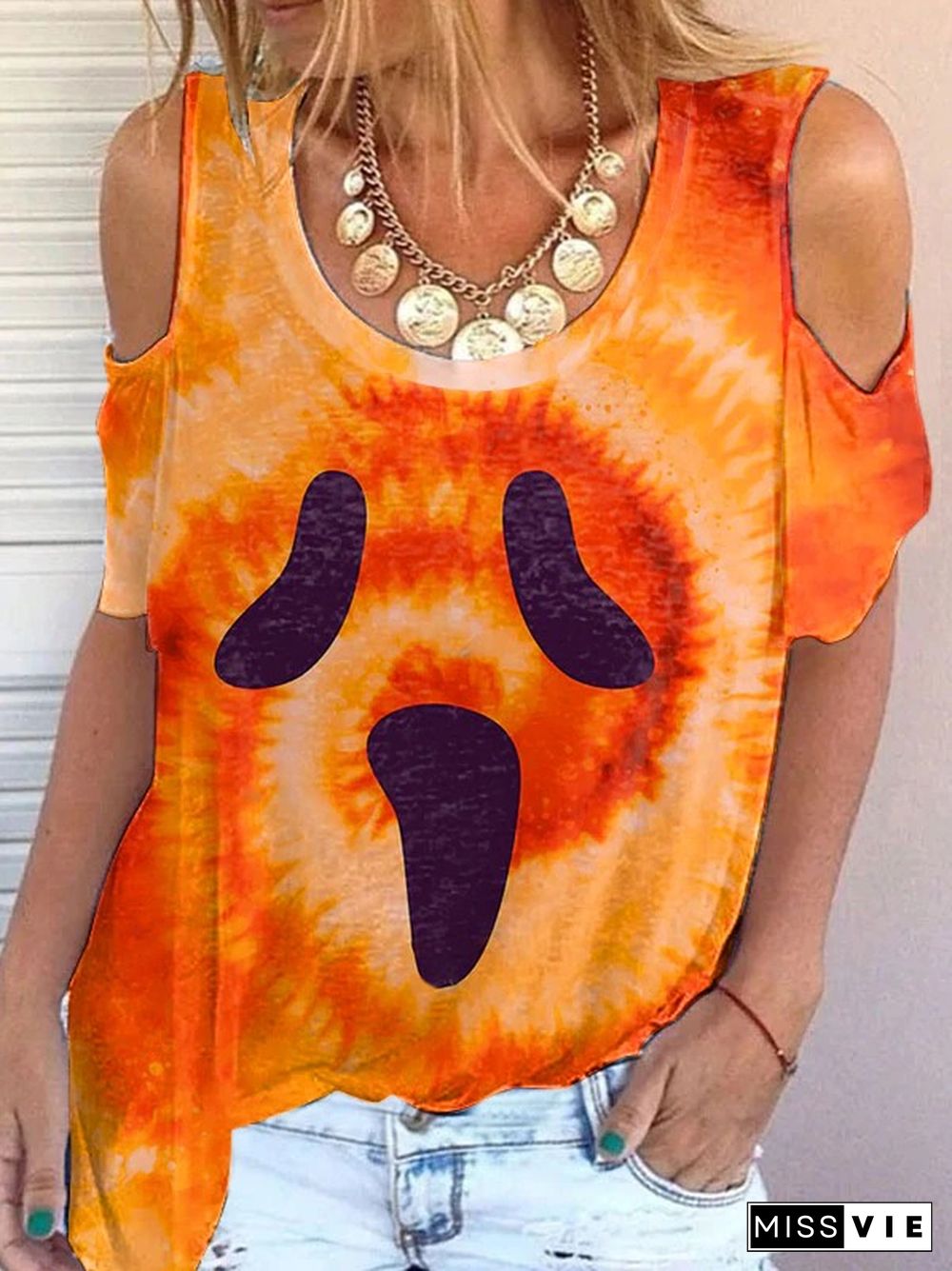 Pumpkin Tie-dye Skull Face Print Halloween T-shirt